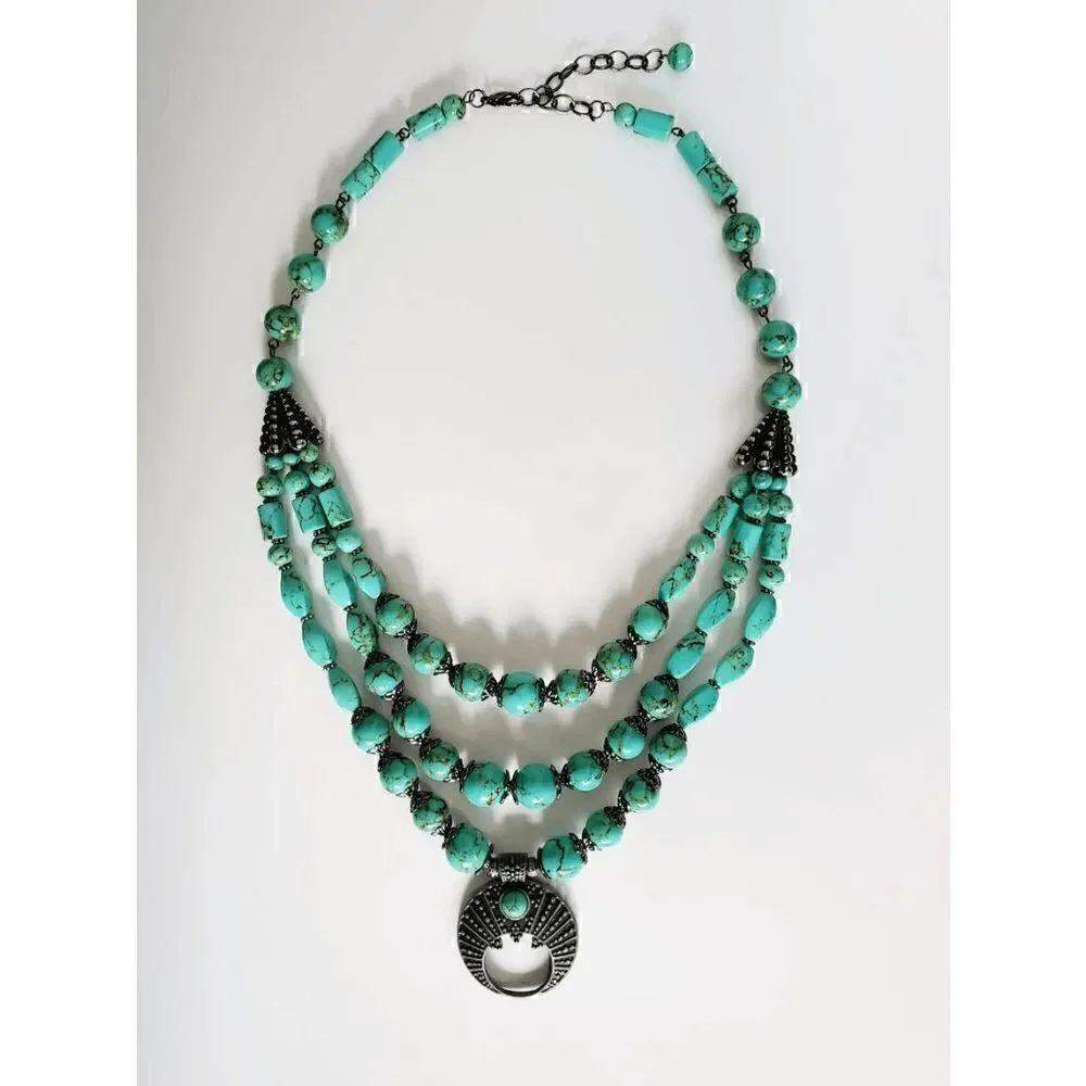 Natural Turquoise Gemstone Beaded Boho Western Festival Statement Necklace